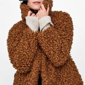 Zara Curly Faux Fur Teddy Coat Brown Small